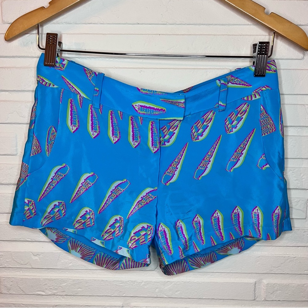 Amanda Uprichard Aqua Blue Seashell Silk Shorts, Women’s Size Extra Small